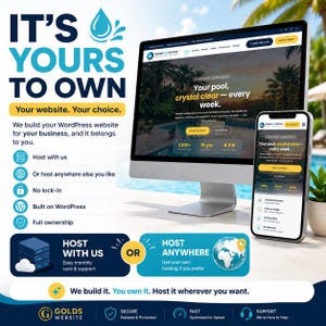 May include: A computer monitor and smartphone displaying a website design. The text on the screen reads "Your pool, crystal clear - every week." The image promotes website building services with options for hosting.