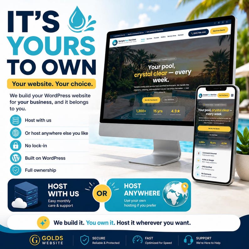 May include: A computer monitor and smartphone displaying a website design. The text on the screen reads "Your pool, crystal clear - every week." The image promotes website building services with options for hosting.