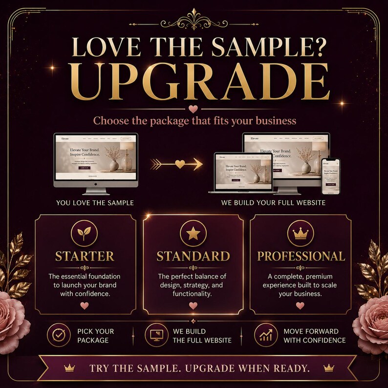 May include: A dark purple graphic with gold text reading LOVE THE SAMPLE? UPGRADE. It displays website design packages: STARTER, STANDARD, and PROFESSIONAL. Icons include a plant, star, and crown, with floral accents and device mockups.