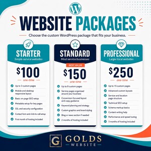 May include: A graphic display of three WordPress website packages titled Starter, Standard, and Professional. Each column lists features, prices of $100, $150, and $250, and checkmark icons. The text includes Website Packages, Choose the custom WordPress package that fits your business, and Golds Website.
