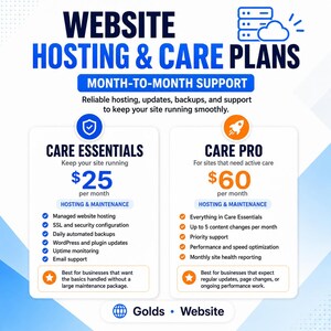 May include: A blue and white graphic promoting website hosting and care plans. The image details two plans: Care Essentials for $25/month and Care Pro for $60/month, outlining features like hosting, backups, and support. The text includes "Website Hosting & Care Plans."