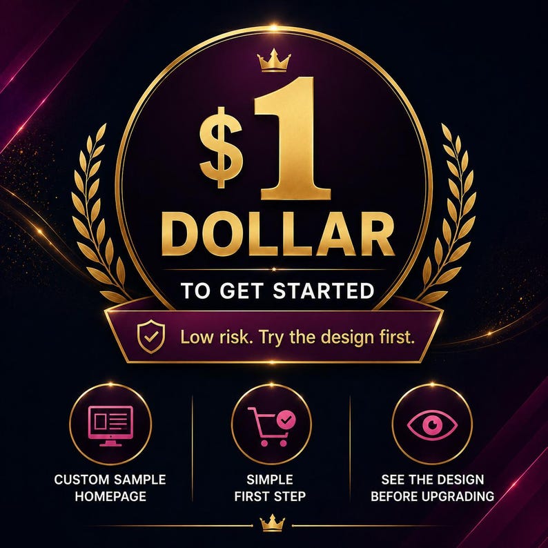 May include: A dark graphic featuring a gold crown and the text $1 DOLLAR TO GET STARTED. Below is a banner with the text Low risk. Try the design first. Three circular icons show a computer, a shopping cart, and an eye with text below each.
