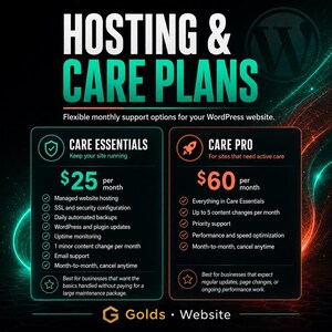 May include: A digital graphic titled HOSTING & CARE PLANS featuring two service tiers: CARE ESSENTIALS at $25 per month and CARE PRO at $60 per month. The layout lists specific features for each plan, including managed hosting, security, and updates.