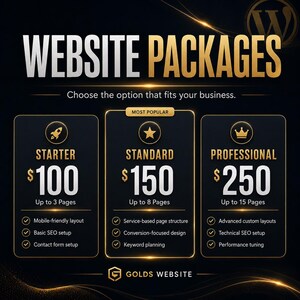 May include: A black and gold graphic displaying three website packages: Starter for $100 with 3 pages, Standard for $150 with 8 pages, and Professional for $250 with 15 pages. Each tier lists specific features like SEO setup and custom layouts.