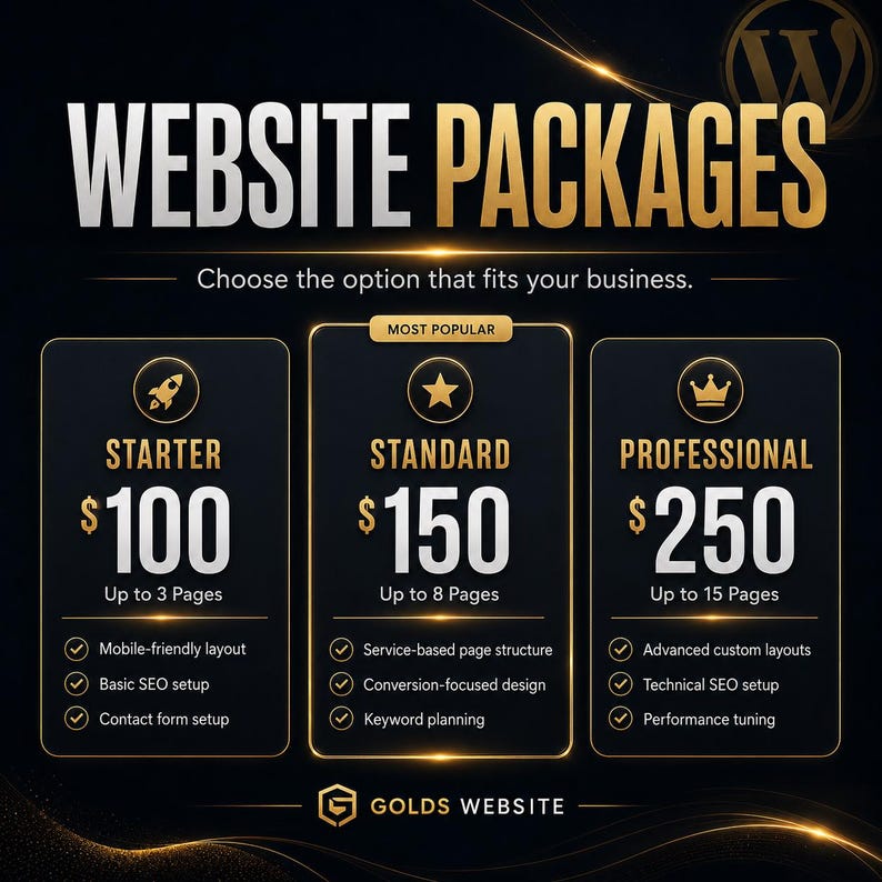 May include: A black and gold graphic displaying three website packages: Starter for $100 with 3 pages, Standard for $150 with 8 pages, and Professional for $250 with 15 pages. Each tier lists specific features like SEO setup and custom layouts.