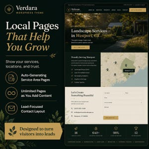 May include: A digital marketing display for the Verdara WordPress theme featuring a dark green background with gold text. The layout showcases a website template for landscape services, including a contact form, service area map, and statistics.