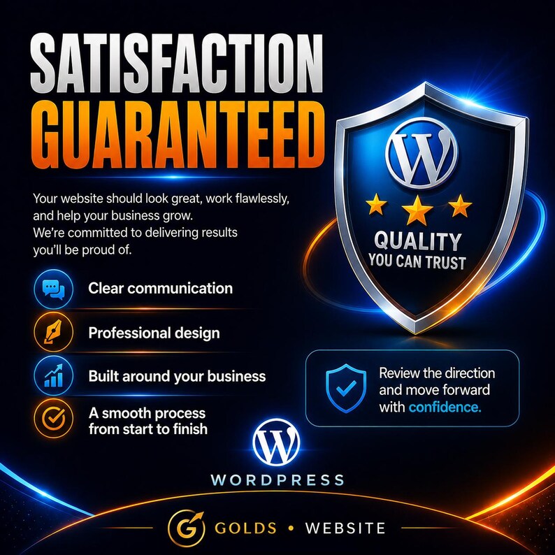 Puede incluir: Un gr&aacute;fico digital con el texto SATISFACTION GUARANTEED en letras grandes de color naranja y blanco. Incluye un escudo azul con el logotipo de WordPress y tres estrellas doradas, el texto QUALITY YOU CAN TRUST y una lista de beneficios.