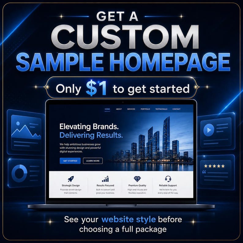 Pu&ograve; includere: Uno schermo di un portatile mostra la homepage di un sito web con un'immagine di uno skyline cittadino, il testo Elevating Brands. Delivering Results. e menu di navigazione. Lo sfondo presenta effetti di luce blu ed elementi grafici e icone.