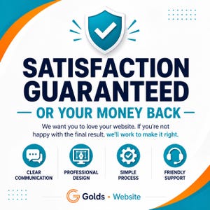 May include: A graphic featuring a blue shield with a white checkmark and the text SATISFACTION GUARANTEED OR YOUR MONEY BACK. Below, four icons represent clear communication, professional design, simple process, and friendly support.