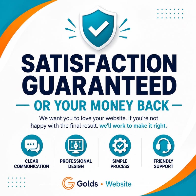 May include: A graphic featuring a blue shield with a white checkmark and the text SATISFACTION GUARANTEED OR YOUR MONEY BACK. Below, four icons represent clear communication, professional design, simple process, and friendly support.