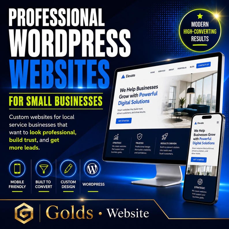 May include: A digital marketing advertisement for website design services. The image features a computer monitor and a smartphone displaying a website interface. Text includes "Professional WordPress Websites for Small Businesses" and "We Help Businesses Grow with Powerful Digital Solutions."