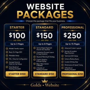 May include: A dark blue and gold graphic displaying three website packages titled Starter, Standard, and Professional. Each column lists specific features, page counts, and one-time pricing of $100, $150, and $250. The bottom includes the text Golds Website.