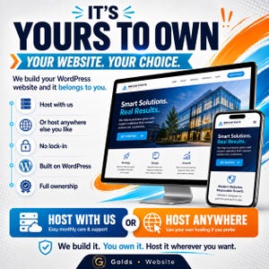K&ouml;nnte beinhalten: Ein Computermonitor und ein Smartphone zeigen eine Brightpath Solutions Website mit dem Text IT'S YOURS TO OWN, YOUR WEBSITE. YOUR CHOICE. Die Grafik listet Funktionen wie Hosting bei uns, keine Bindung, WordPress-Basis und volles Eigentum auf.