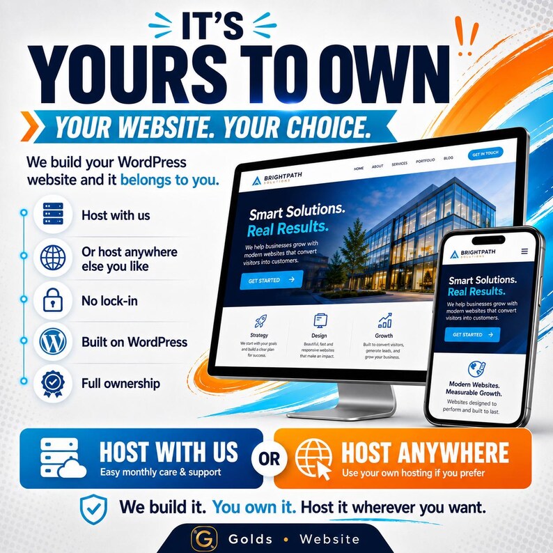 K&ouml;nnte beinhalten: Ein Computermonitor und ein Smartphone zeigen eine Brightpath Solutions Website mit dem Text IT'S YOURS TO OWN, YOUR WEBSITE. YOUR CHOICE. Die Grafik listet Funktionen wie Hosting bei uns, keine Bindung, WordPress-Basis und volles Eigentum auf.