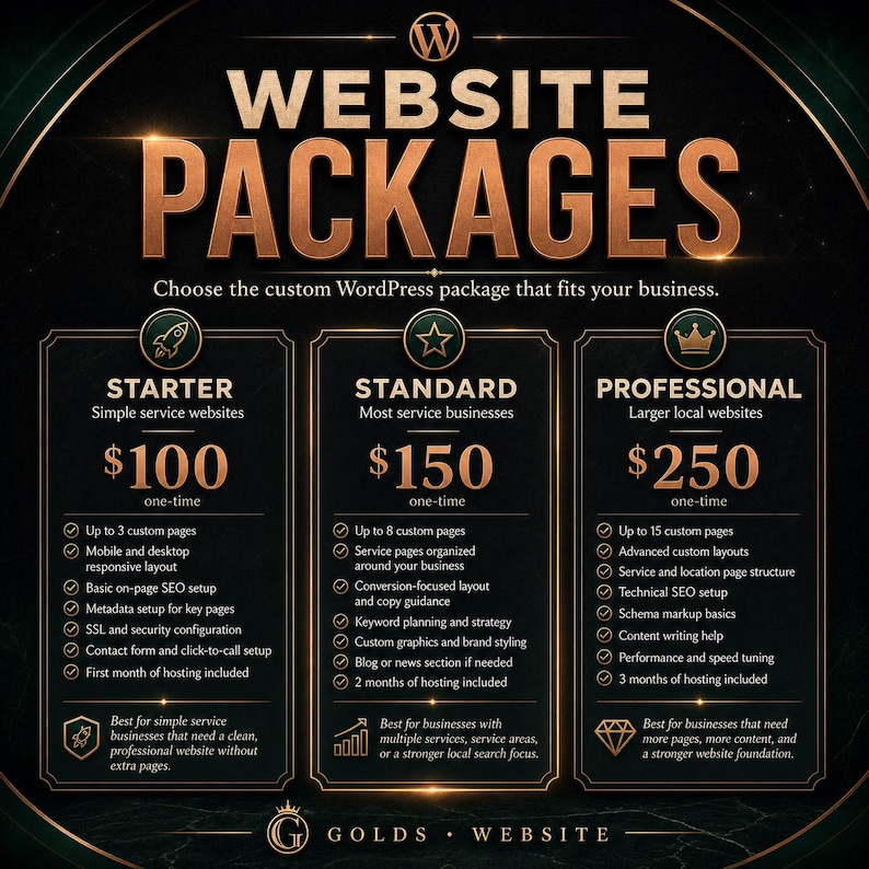 May include: A black and gold graphic displaying website packages with three tiers: Starter at $100, Standard at $150, and Professional at $250. Each column lists specific features, page counts, and hosting durations for WordPress service websites.