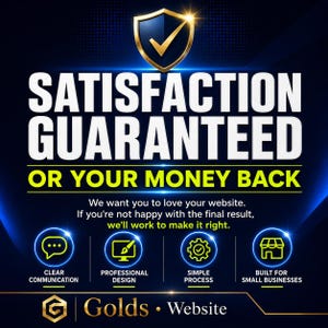 May include: A navy blue graphic with the text "SATISFACTION GUARANTEED OR YOUR MONEY BACK." Below, it reads "We want you to love your website. If you're not happy with the final result, we'll work to make it right." Icons and text describe services.