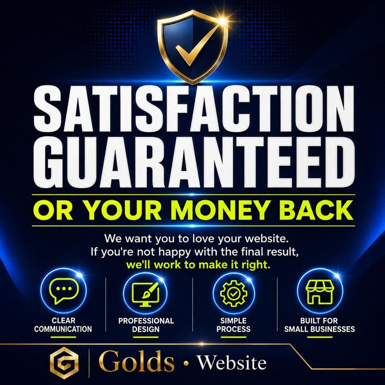 May include: A navy blue graphic with the text "SATISFACTION GUARANTEED OR YOUR MONEY BACK." Below, it reads "We want you to love your website. If you're not happy with the final result, we'll work to make it right." Icons and text describe services.