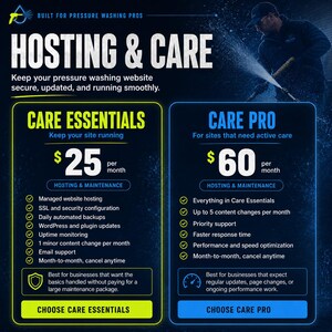 May include: Graphic with the text "HOSTING & CARE" and service options. The "CARE ESSENTIALS" package is $25 per month, and the "CARE PRO" package is $60 per month. Includes managed website hosting, security, and updates.