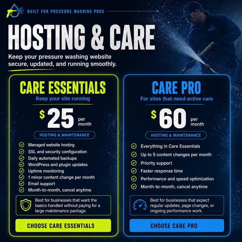 May include: Graphic with the text "HOSTING & CARE" and service options. The "CARE ESSENTIALS" package is $25 per month, and the "CARE PRO" package is $60 per month. Includes managed website hosting, security, and updates.