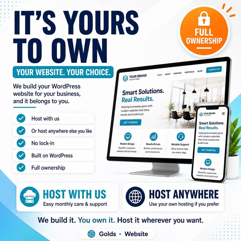 May include: A promotional graphic with the text "IT'S YOURS TO OWN" and "YOUR WEBSITE. YOUR CHOICE." A computer monitor and smartphone display a website design. The graphic promotes WordPress website building services, emphasizing full ownership and hosting options.