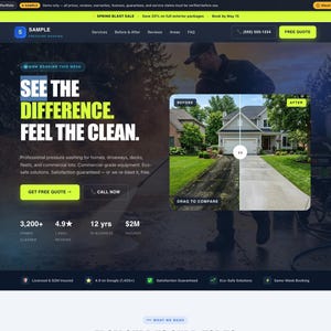 May include: A website homepage for a pressure washing service. The design features a before-and-after comparison of a driveway, showcasing the cleaning results. Text includes "See the Difference. Feel the Clean."