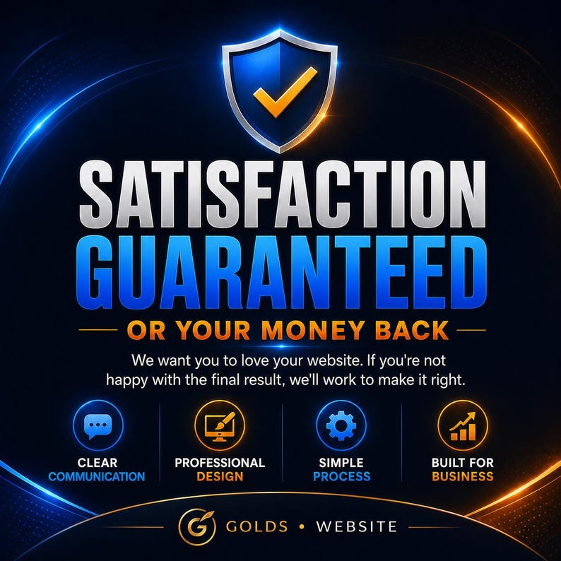 May include: A graphic featuring a blue shield with a yellow checkmark above the text SATISFACTION GUARANTEED OR YOUR MONEY BACK. Below is text about website satisfaction and four icons representing clear communication, professional design, simple process, and business growth, with the text GOLDS WEBSITE at the bottom.