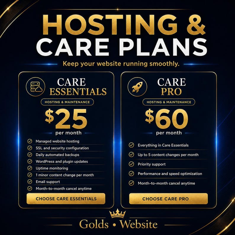 May include: A dark blue graphic advertisement titled HOSTING & CARE PLANS featuring two service tiers: CARE ESSENTIALS at $25 per month and CARE PRO at $60 per month. Each tier lists specific maintenance features and includes a button to choose the plan.