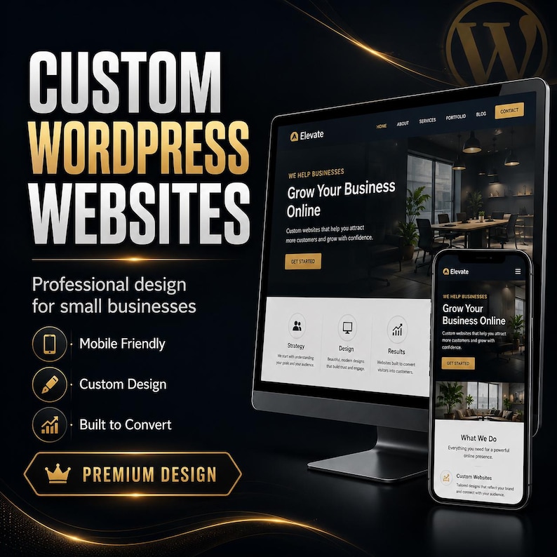 May include: A computer monitor and a smartphone displaying a website with the text Custom WordPress Websites, Professional design for small businesses, Mobile Friendly, Custom Design, Built to Convert, Premium Design, and Grow Your Business Online.