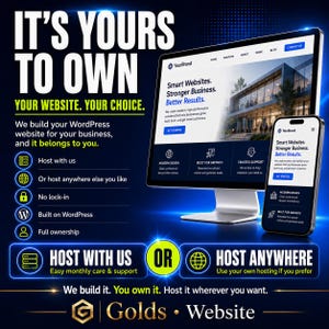 May include: A digital advertisement promoting website services. The image features a computer monitor and smartphone displaying a website design. Text includes "It's Yours to Own" and "Smart Websites. Stronger Business. Better Results."