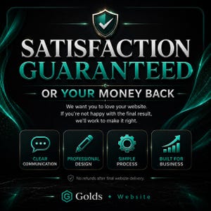 May include: A black graphic with teal and silver text reading SATISFACTION GUARANTEED OR YOUR MONEY BACK. It includes icons for clear communication, professional design, simple process, and built for business, with the text Golds Website at the bottom.