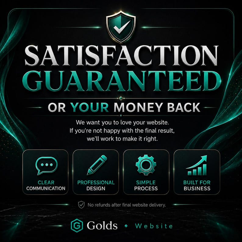 May include: A black graphic with teal and silver text reading SATISFACTION GUARANTEED OR YOUR MONEY BACK. It includes icons for clear communication, professional design, simple process, and built for business, with the text Golds Website at the bottom.