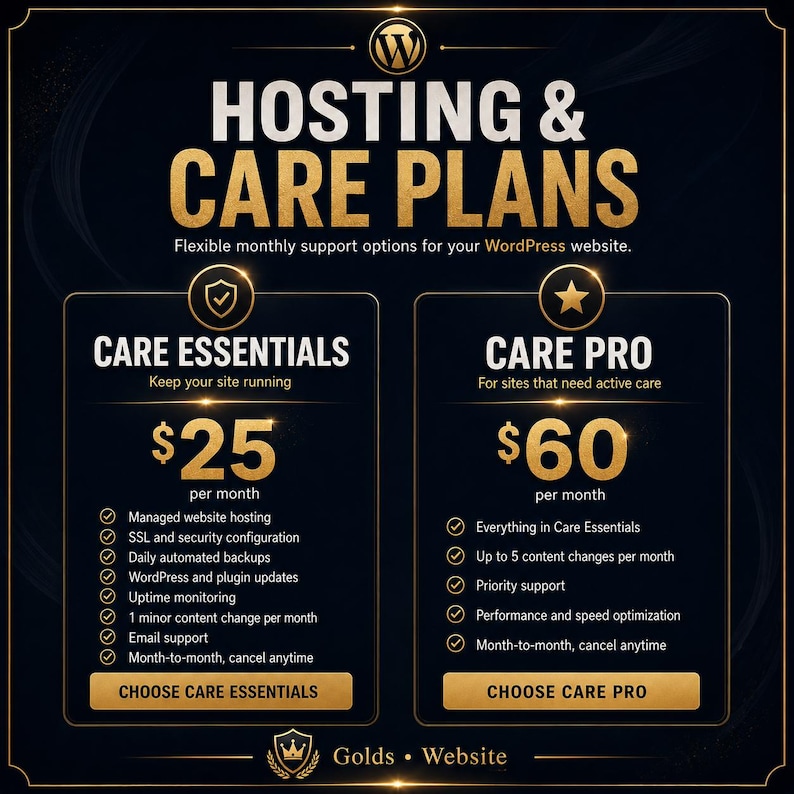 May include: A black and gold graphic display titled Hosting & Care Plans for WordPress websites. It outlines two service tiers: Care Essentials at $25 per month and Care Pro at $60 per month, each listing specific features like hosting, security, and support.