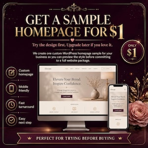 WordPress Sample Homepage Design, One Dollar Custom Website Preview for Small Business, Try Before Full Website Package