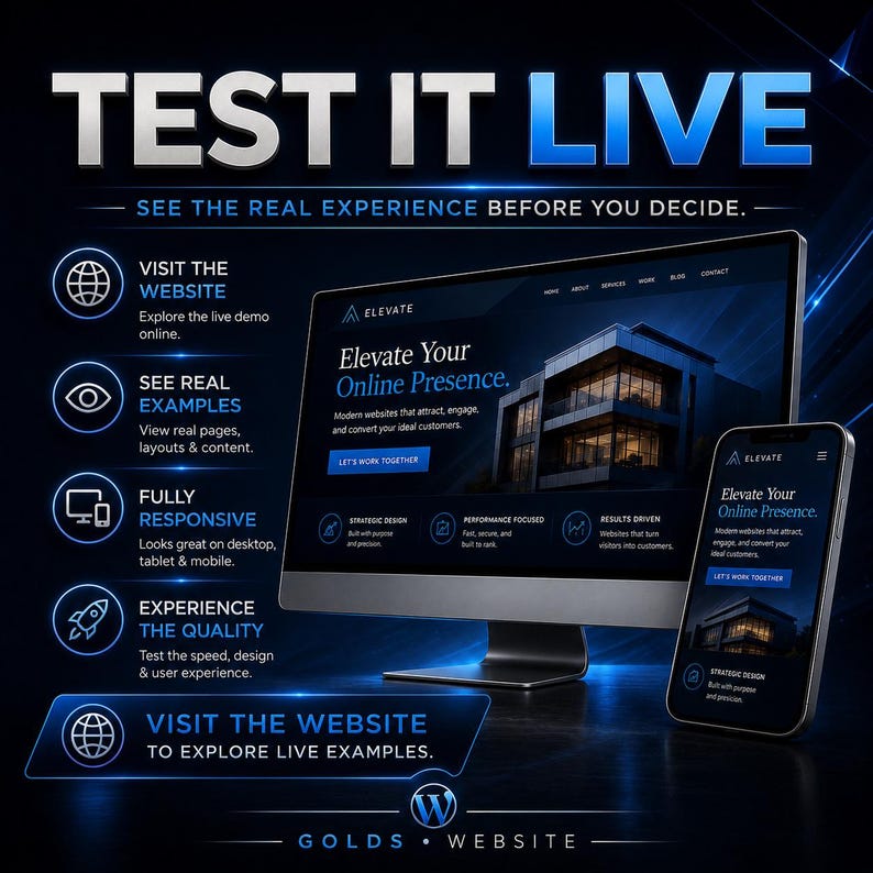 May include: A digital display featuring a computer monitor and a smartphone showing a website with the text Elevate Your Online Presence. The graphic includes the bold heading TEST IT LIVE and lists features like Visit the Website, See Real Examples, Fully Responsive, and Experience the Quality, all set against a dark blue background.