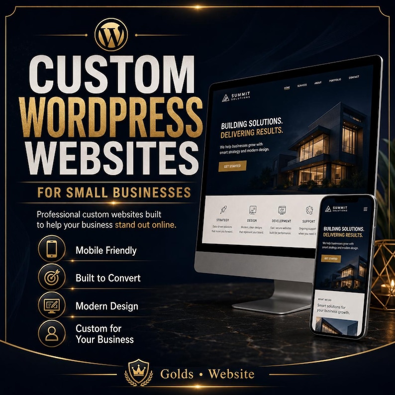 May include: A digital advertisement for custom WordPress websites featuring a computer monitor and smartphone displaying a website for Summit Solutions. The text reads Custom WordPress Websites for Small Businesses, Mobile Friendly, Built to Convert, Modern Design, and Custom for Your Business.