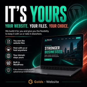 May include: A laptop displaying a website with the text 'STRONGER BUSINESSES' and 'Elevate SOLUTIONS'. The graphic includes the text 'IT'S YOURS. YOUR WEBSITE. YOUR FILES. YOUR CHOICE.' and a list of features regarding website ownership, hosting, and WordPress.