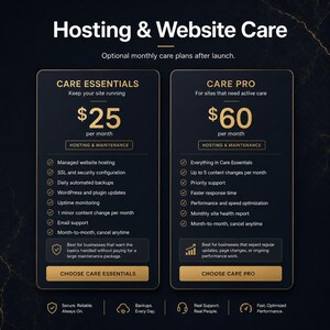 以下が含まれることがあります： 「Hosting & Website Care」と書かれたグラフィックで、2つの月額ケアプランを紹介しています。「Care Essentials」は月額25ドル、「Care Pro」は月額60ドルです。どちらのプランも、ホスティング、バックアップ、サポートなどのウェブサイトメンテナンスサービスが含まれています。