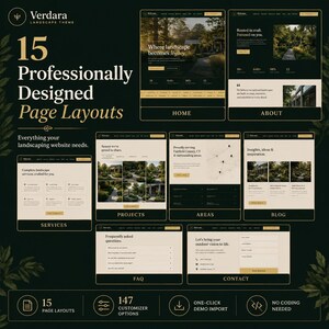 May include: A digital product display featuring the Verdara landscape theme with 15 professionally designed page layouts. The dark green background showcases website mockups for home, about, services, projects, areas, blog, FAQ, and contact pages.
