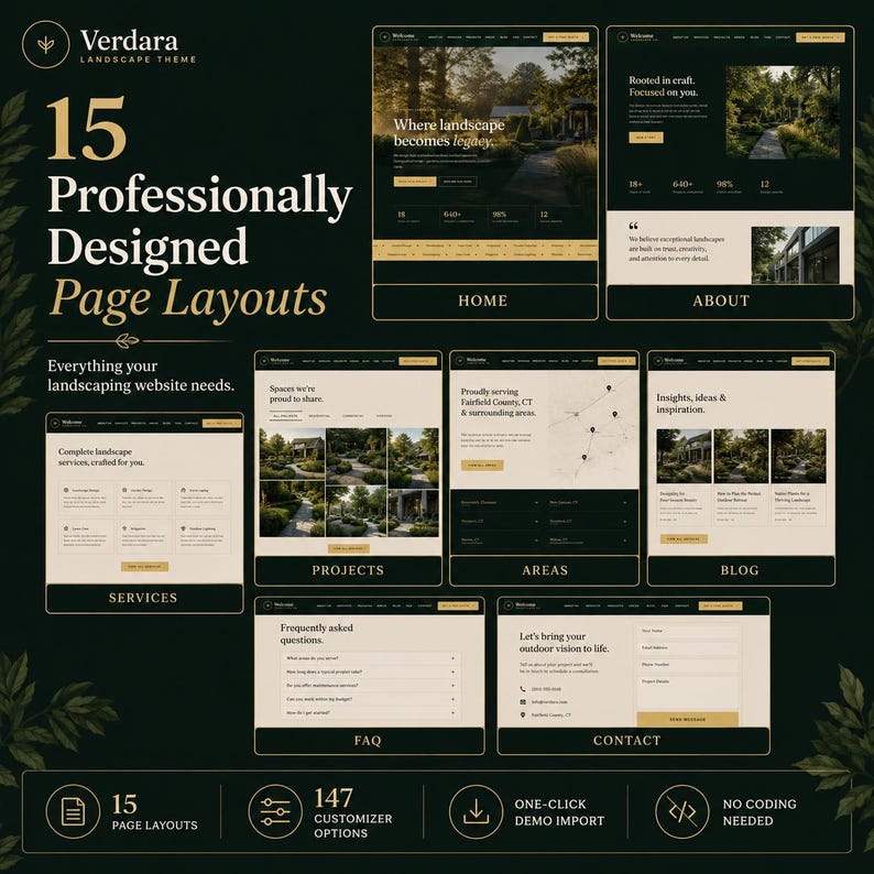 May include: A digital product display featuring the Verdara landscape theme with 15 professionally designed page layouts. The dark green background showcases website mockups for home, about, services, projects, areas, blog, FAQ, and contact pages.