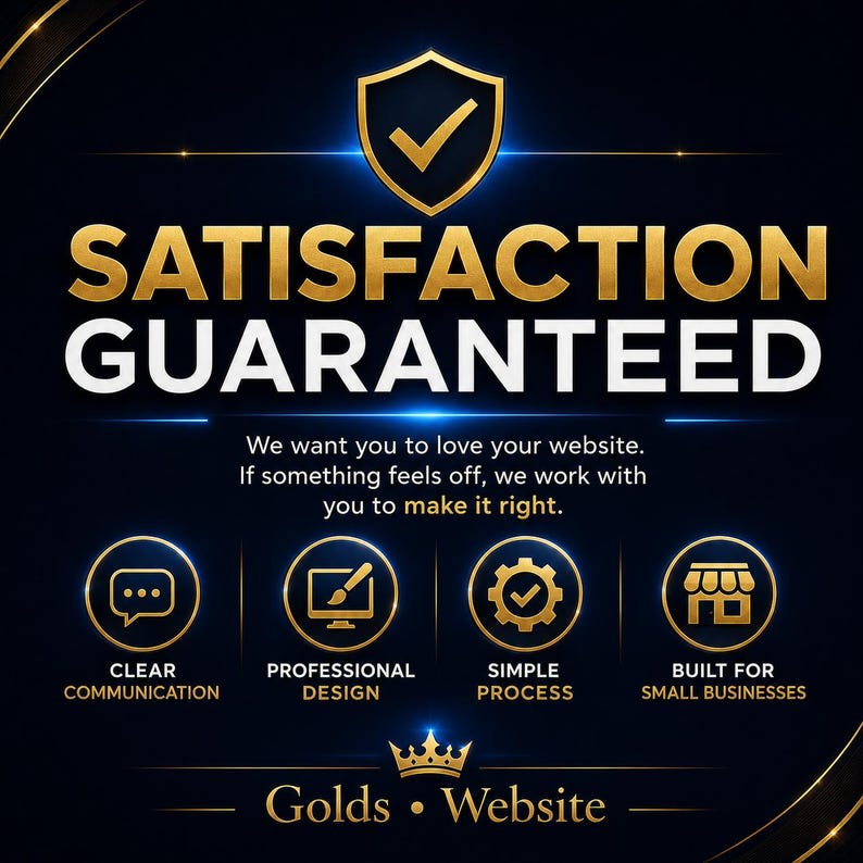 May include: A dark blue graphic with gold accents featuring the text SATISFACTION GUARANTEED and a shield icon with a checkmark. Below, four circular icons represent clear communication, professional design, simple process, and small business focus.