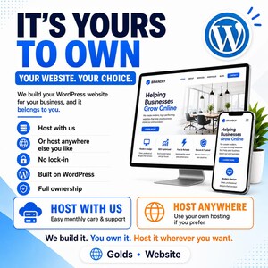 May include: A digital advertisement with the text "IT'S YOURS TO OWN" in blue. The image showcases a computer monitor and a smartphone displaying a website design. The ad promotes WordPress website building and hosting services.