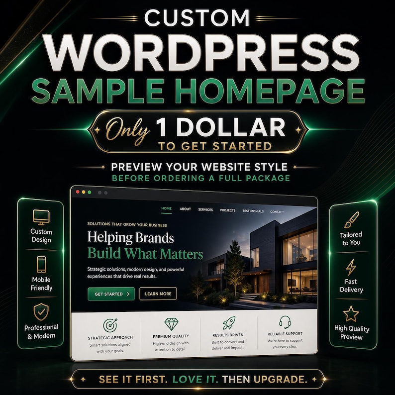 May include: A digital graphic displaying a custom WordPress sample homepage with the text "Helping Brands Build What Matters." The layout features a modern house image, navigation menu, and service icons. Side panels list features like custom design and fast delivery.