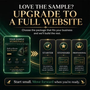 May include: A black and gold graphic advertisement titled LOVE THE SAMPLE? UPGRADE TO A FULL WEBSITE. It displays a sample homepage design next to three service tiers: STARTER, STANDARD, and PROFESSIONAL, with the text Start small. Move forward when you're ready.