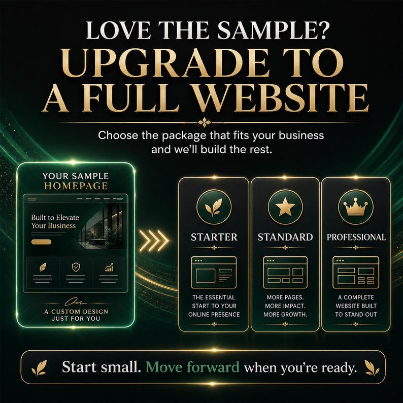 May include: A black and gold graphic advertisement titled LOVE THE SAMPLE? UPGRADE TO A FULL WEBSITE. It displays a sample homepage design next to three service tiers: STARTER, STANDARD, and PROFESSIONAL, with the text Start small. Move forward when you're ready.