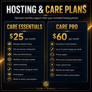 Puede incluir: Un gr&aacute;fico negro y dorado que muestra planes de alojamiento y mantenimiento con dos niveles: Care Essentials a $25 al mes y Care Pro a $60 al mes. La lista detalla servicios como alojamiento, seguridad, copias de seguridad y soporte.