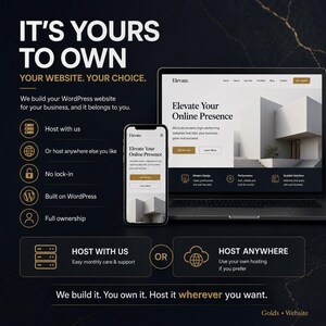 以下が含まれることがあります： 「IT'S YOURS TO OWN」と「YOUR WEBSITE. YOUR CHOICE.」のテキストが入ったプロモーション画像。ラップトップとスマートフォンがウェブサイトのデザインを表示しています。WordPressのウェブサイト構築サービスを宣伝し、所有権とホスティングオプションを強調しています。