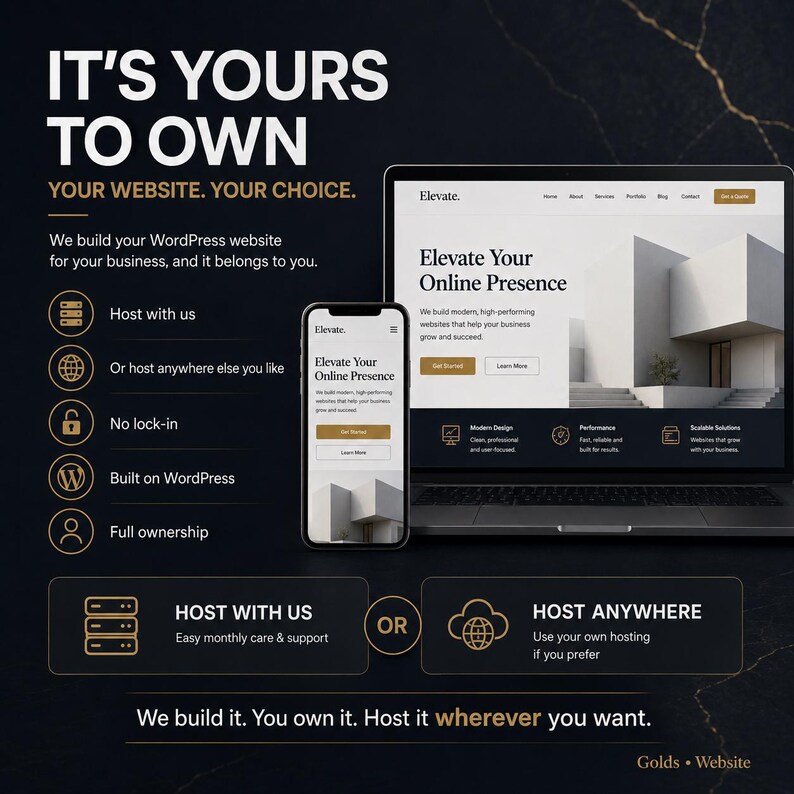 以下が含まれることがあります： 「IT'S YOURS TO OWN」と「YOUR WEBSITE. YOUR CHOICE.」のテキストが入ったプロモーション画像。ラップトップとスマートフォンがウェブサイトのデザインを表示しています。WordPressのウェブサイト構築サービスを宣伝し、所有権とホスティングオプションを強調しています。