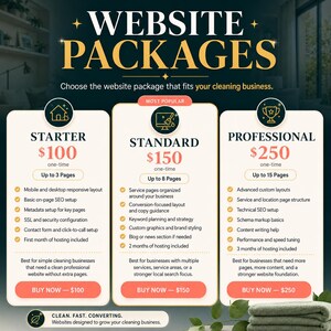 Puede incluir: Imagen de paquetes de sitios web con tres opciones: Starter, Standard y Professional. Cada paquete incluye diferentes caracter&iacute;sticas y precios. El texto dice: "Elige el paquete de sitio web que se adapte a tu negocio de limpieza."