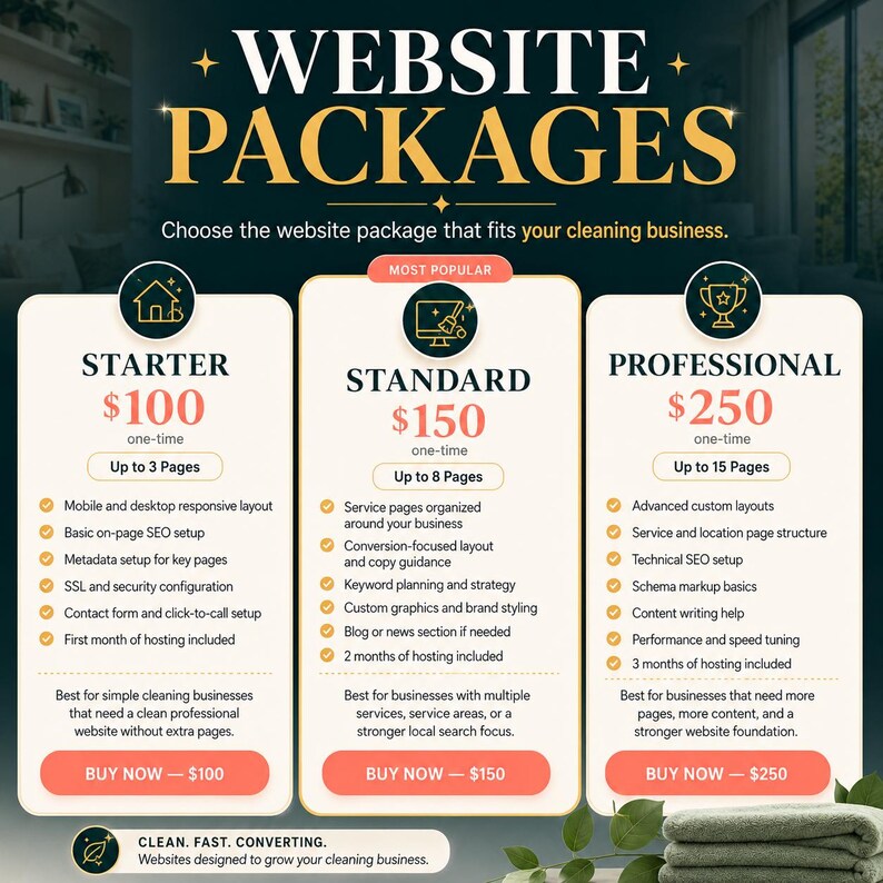 Puede incluir: Imagen de paquetes de sitios web con tres opciones: Starter, Standard y Professional. Cada paquete incluye diferentes caracter&iacute;sticas y precios. El texto dice: "Elige el paquete de sitio web que se adapte a tu negocio de limpieza."
