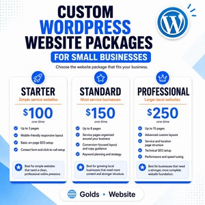 May include: A graphic showcasing custom WordPress website packages for small businesses. The packages include Starter, Standard, and Professional options, each with different features and pricing. The image features the WordPress logo and the text "Golds Website."